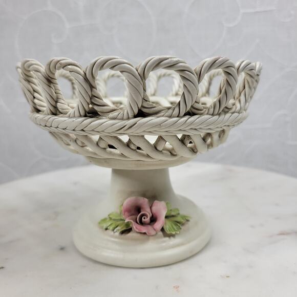 Vintage Capodimonte Pedestal Bowl 4.25" Pink Flower Woven Porcelain Basket - Picture 10 of 16